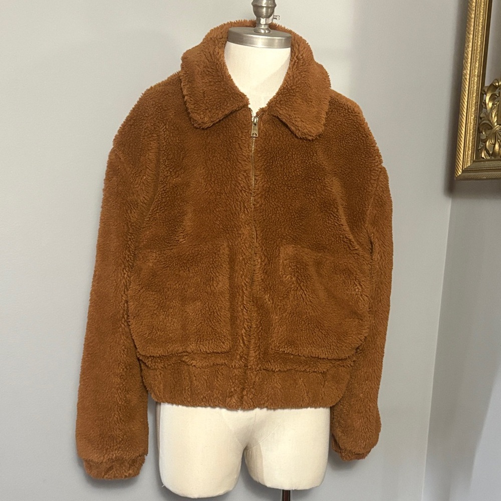 Thread & Supply Small Copper Brown Furry Teddy Sherpa Full Zip Jacket